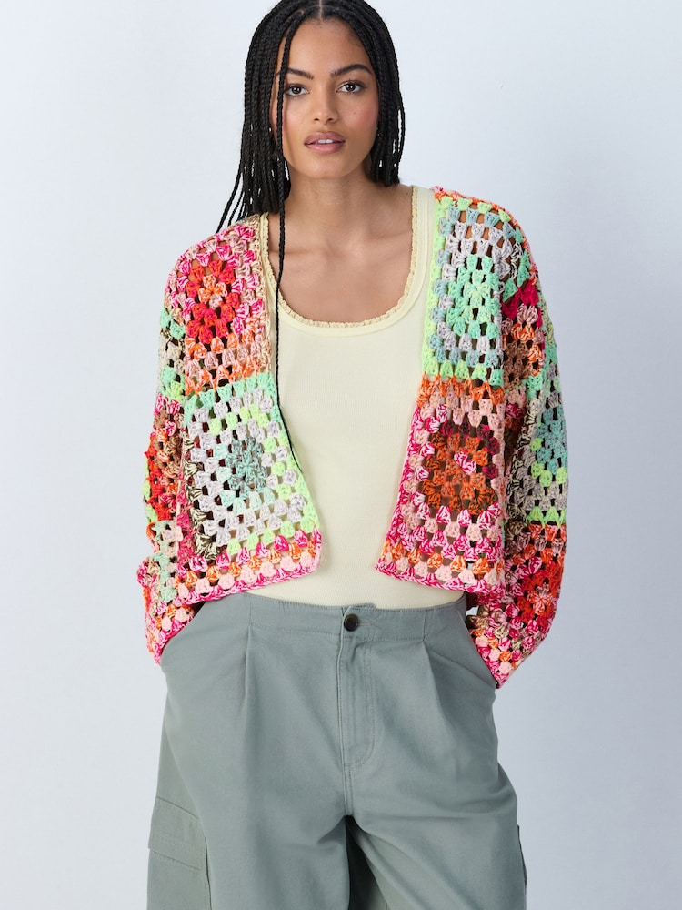 Multi Pink/Green Hand Knit Long Sleeve Crochet Cardigan - Image 1 of 7
