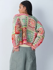 Multi Pink/Green Hand Knit Long Sleeve Crochet Cardigan - Image 3 of 7