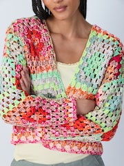 Multi Pink/Green Hand Knit Long Sleeve Crochet Cardigan - Image 4 of 7