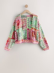 Multi Pink/Green Hand Knit Long Sleeve Crochet Cardigan - Image 5 of 7