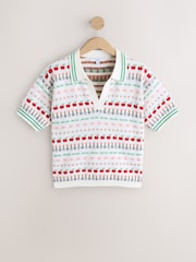 Ecru Fruit and Vegetable Pattern Cotton Rich Soft Touch Knitted Polo Top - Image 1 of 3