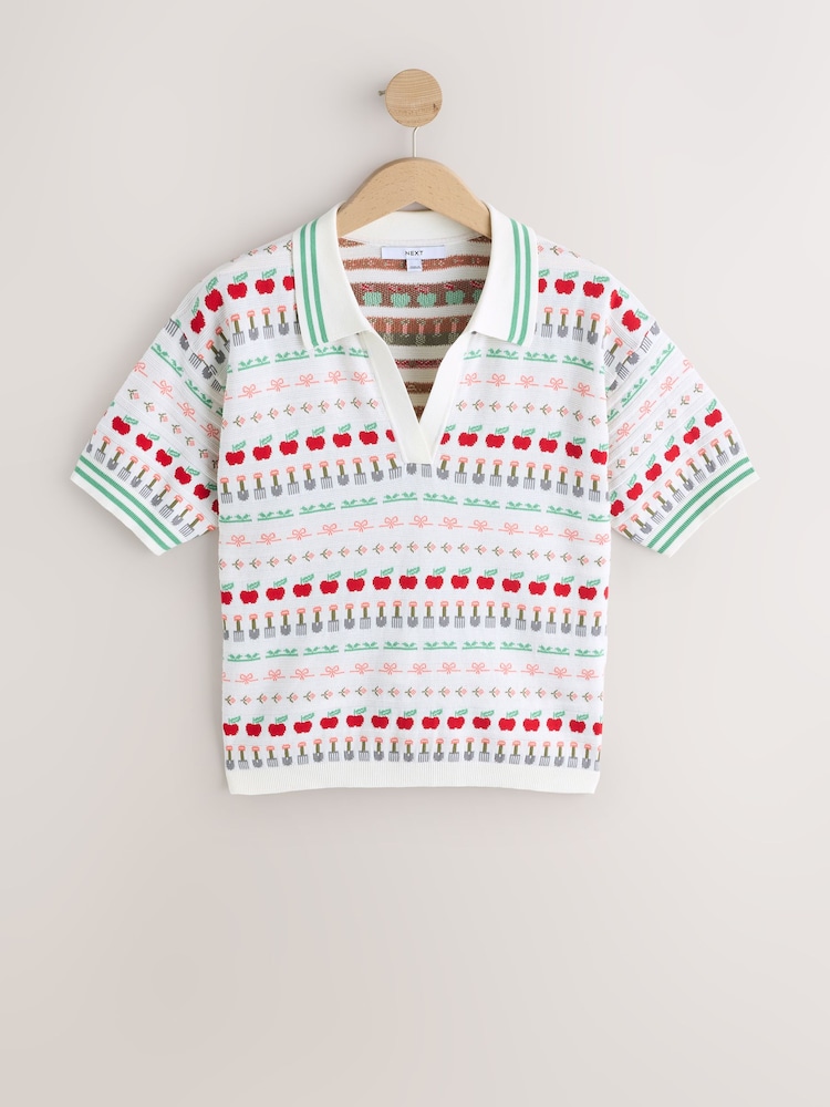 Ecru Fruit and Vegetable Pattern Cotton Rich Soft Touch Knitted Polo Top - Image 1 of 3