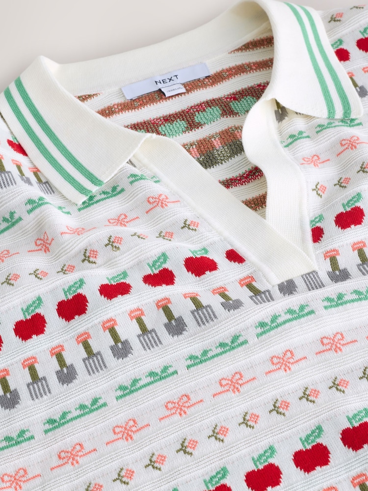 Ecru Fruit and Vegetable Pattern Cotton Rich Soft Touch Knitted Polo Top - Image 3 of 3