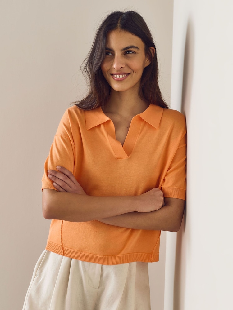 Orange Cotton Rich Soft Touch Knitted Polo Top - Image 1 of 9 Orange Cotton Rich Soft Touch Knitted Polo Top - Image 1 of 9