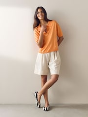 Orange Cotton Rich Soft Touch Knitted Polo Top - Image 3 of 9