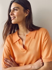 Orange Cotton Rich Soft Touch Knitted Polo Top - Image 6 of 9