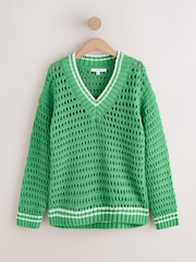 Bright Green Tipped Cotton Rich V-Neck Mesh Knitted Jumper - Image 4 of 6