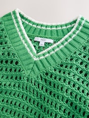 Bright Green Tipped Cotton Rich V-Neck Mesh Knitted Jumper - Image 5 of 6