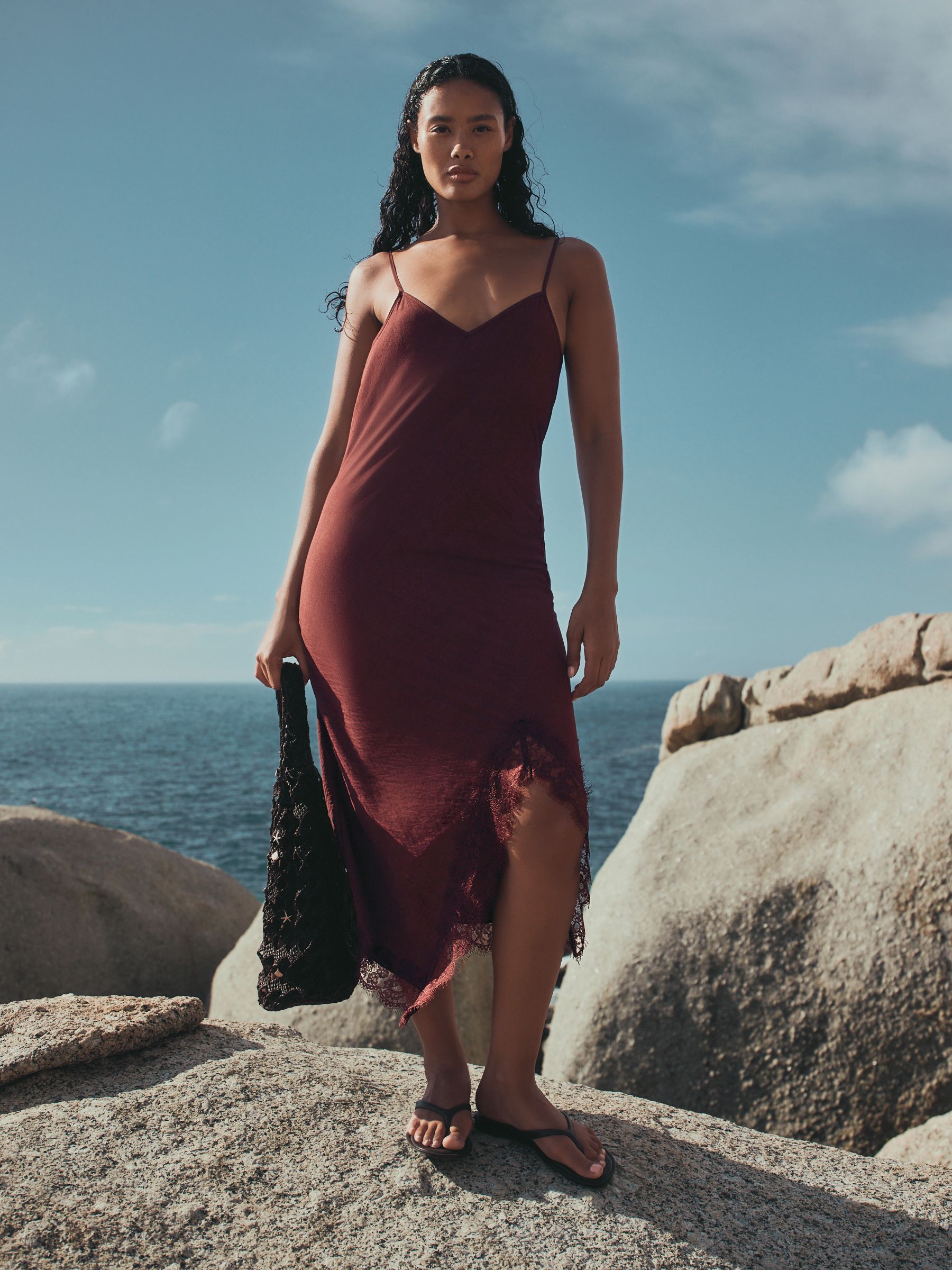 Buy Chocolate Brown Asymmetric Lace Trim Midi Slip Dress from Next USA