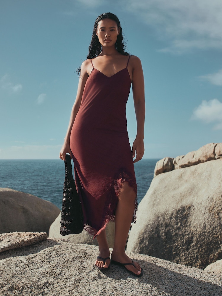 Chocolate Brown Asymmetric Lace Trim Midi Slip Dress - Image 1 of 5 Chocolate Brown Asymmetric Lace Trim Midi Slip Dress - Image 1 of 5