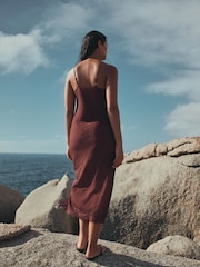 Chocolate Brown Asymmetric Lace Trim Midi Slip Dress - Image 4 of 5