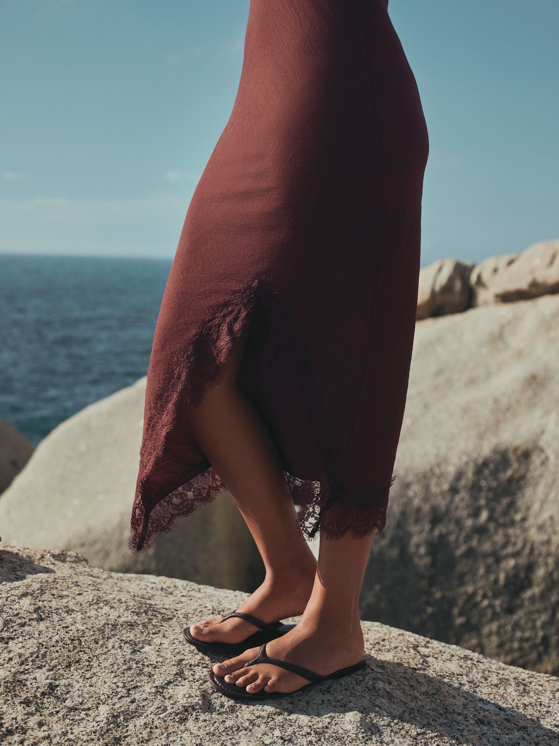 Buy Chocolate Brown Asymmetric Lace Trim Midi Slip Dress from Next USA