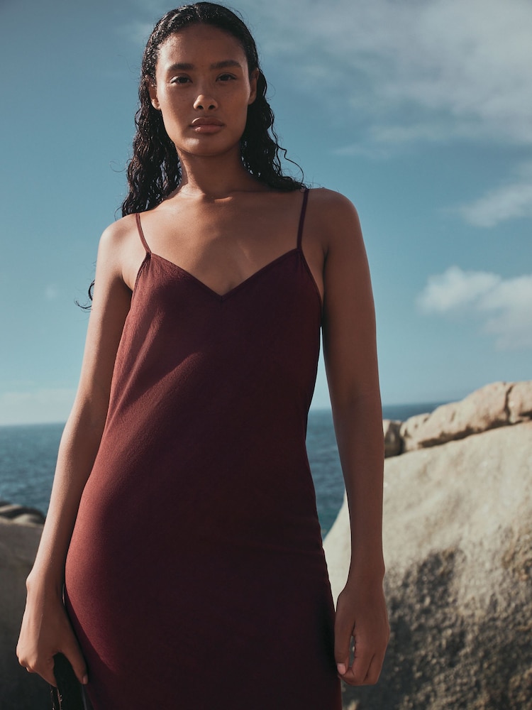 Chocolate Brown Asymmetric Lace Trim Midi Slip Dress - Image 5 of 5 Chocolate Brown Asymmetric Lace Trim Midi Slip Dress - Image 5 of 5