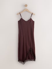 Chocolate Brown Asymmetric Lace Trim Midi Slip Dress - Image 6 of 8