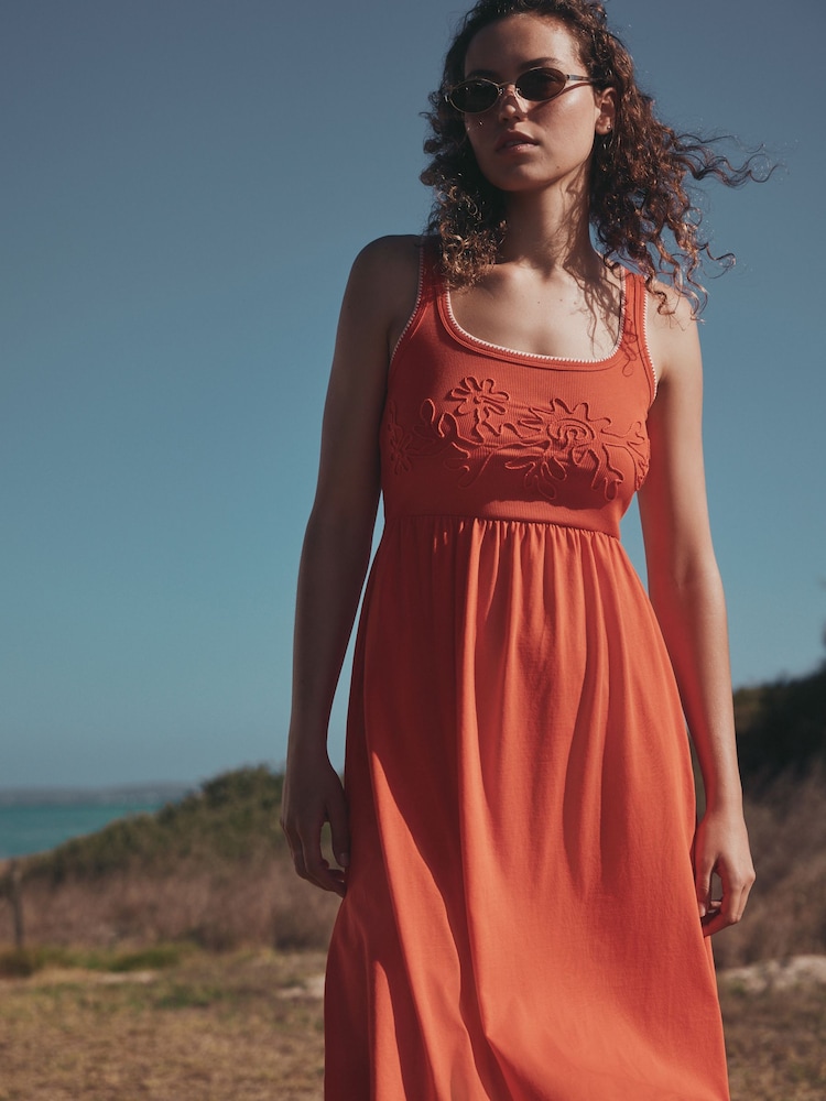 Red Embroidery Jersey Midi Summer Dress - Image 2 of 4