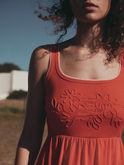 Red Embroidery Jersey Midi Summer Dress - Image 4 of 4