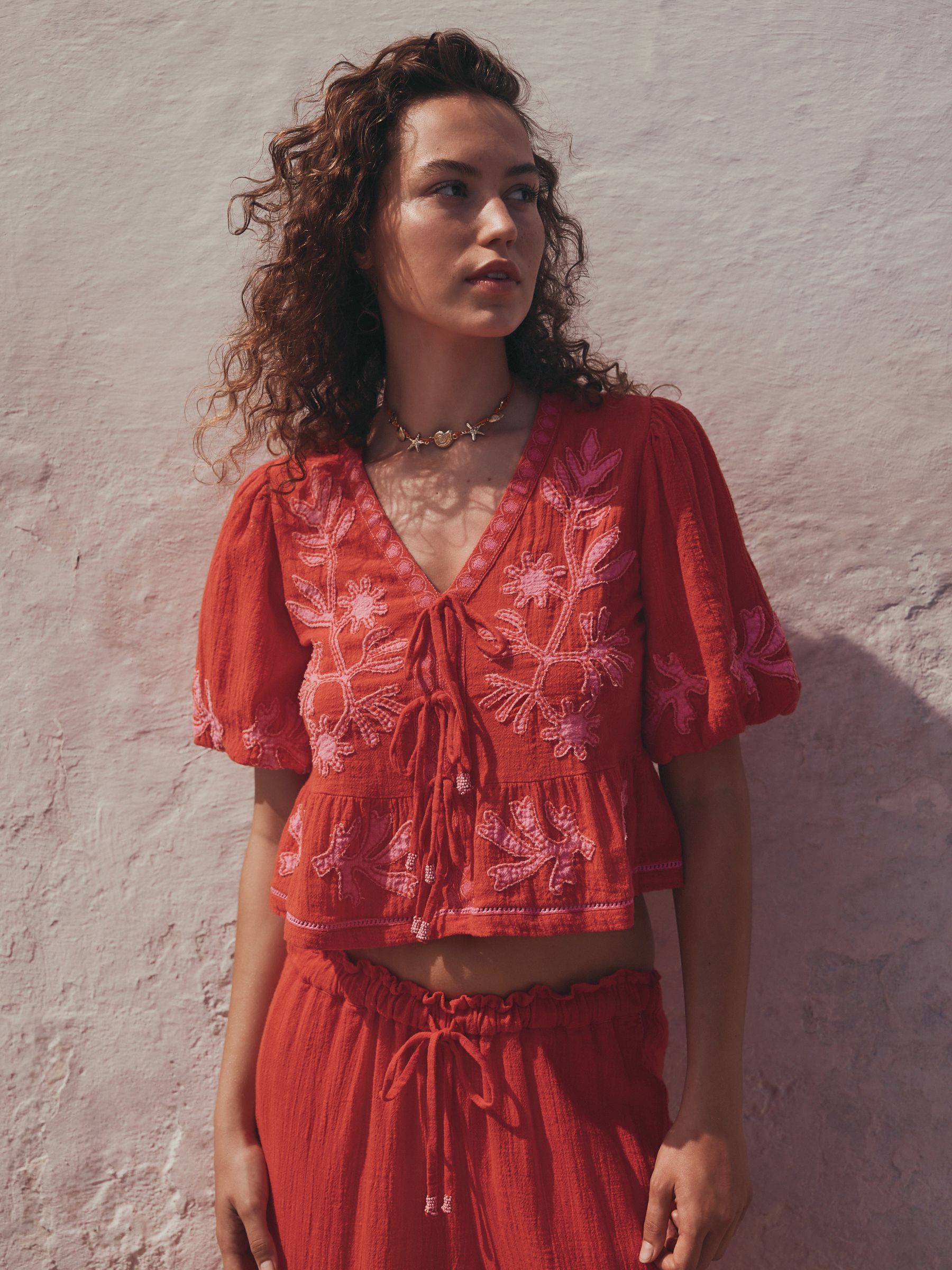 Buy Red/Pink Embroidered Puff Sleeve Tie Top from Next USA