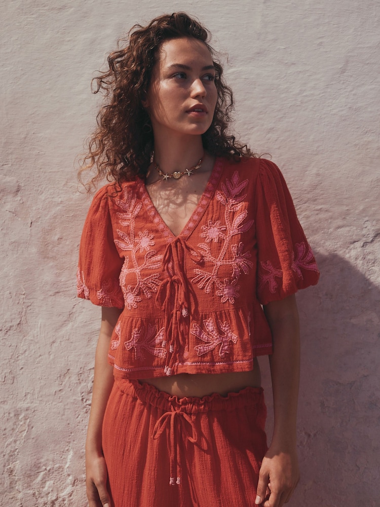 Red/Pink Embroidered Puff Sleeve Tie Top - Image 1 of 5 Red/Pink Embroidered Puff Sleeve Tie Top - Image 1 of 5
