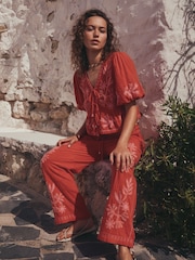 Red/Pink Embroidered Puff Sleeve Tie Top - Image 2 of 5