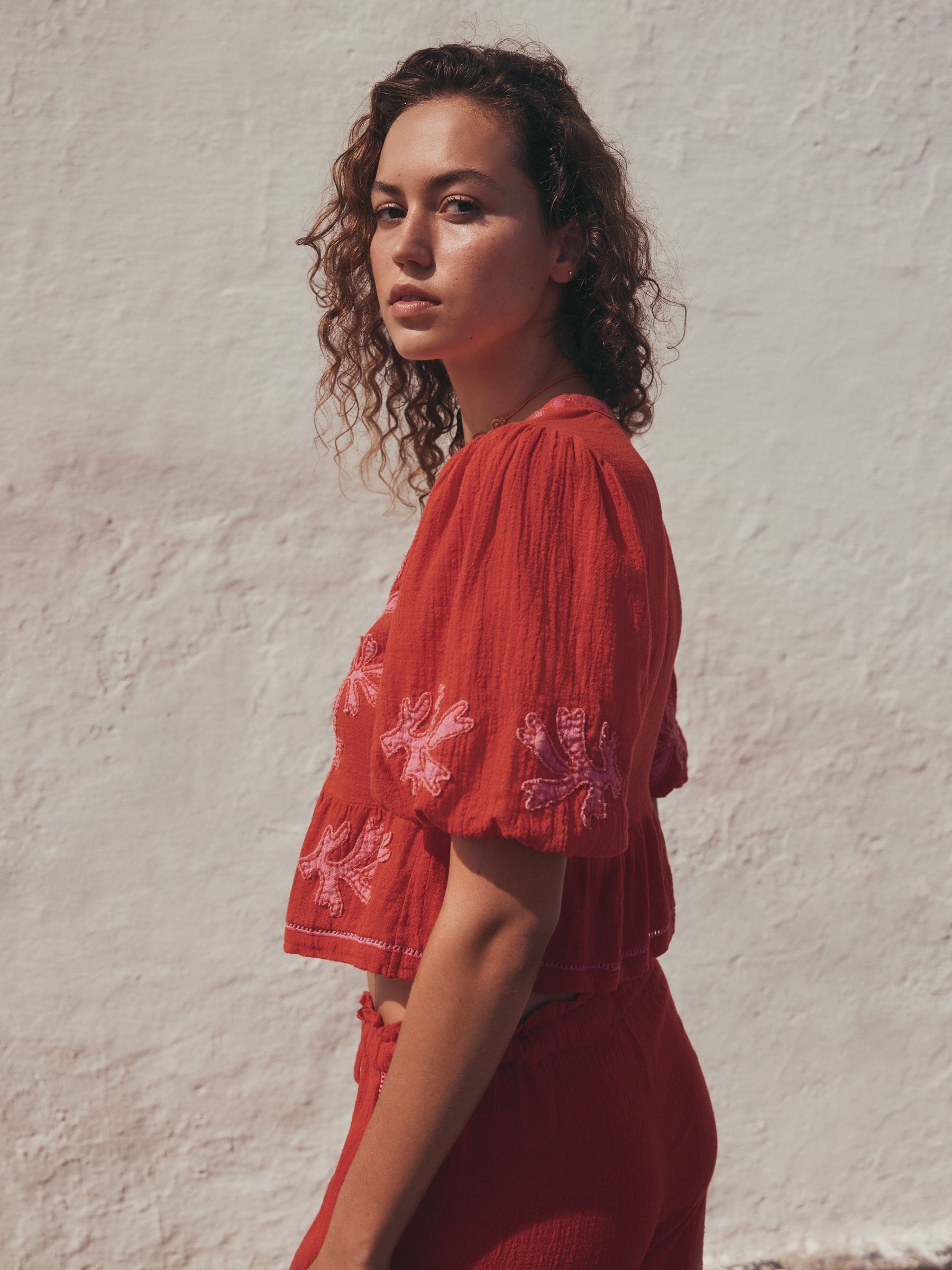 Buy Red/Pink Embroidered Puff Sleeve Tie Top from Next USA