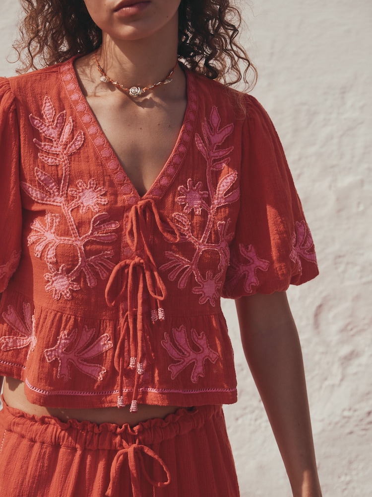Red/Pink Embroidered Puff Sleeve Tie Top - Image 5 of 5 Red/Pink Embroidered Puff Sleeve Tie Top - Image 5 of 5