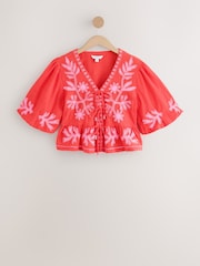Red/Pink Embroidered Puff Sleeve Tie Top - Image 6 of 8