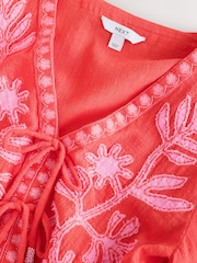 Red/Pink Embroidered Puff Sleeve Tie Top - Image 7 of 8