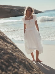 White Flutter Sleeve Square Neck Dress - Image 7 of 10