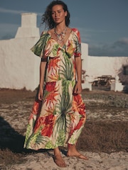 Red Tropical Maxi Puff Sleeve Dress - Image 1 of 3
