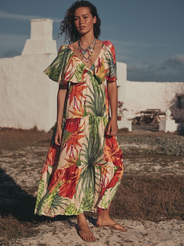Red Tropical Maxi Puff Sleeve Dress - Image 1 of 3
