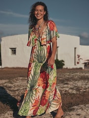Red Tropical Maxi Puff Sleeve Dress - Image 2 of 3