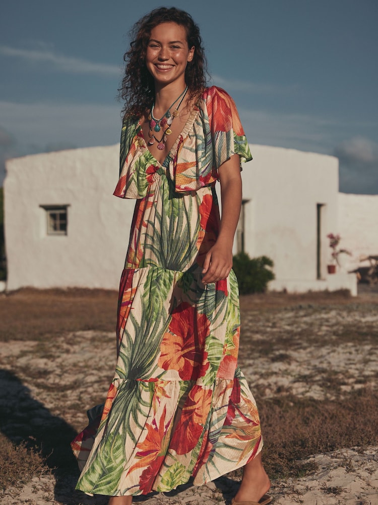 Red Tropical Maxi Puff Sleeve Dress - Image 2 of 3