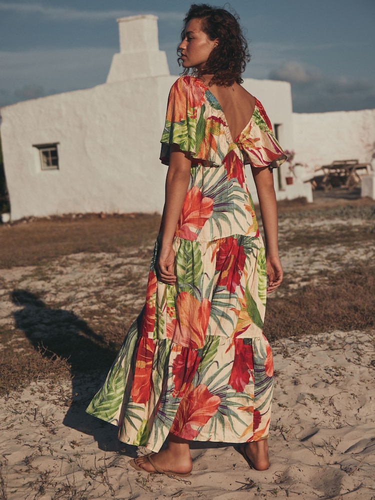 Red Tropical Maxi Puff Sleeve Dress - Image 3 of 3