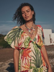 Red Tropical Maxi Puff Sleeve Dress - Image 4 of 7