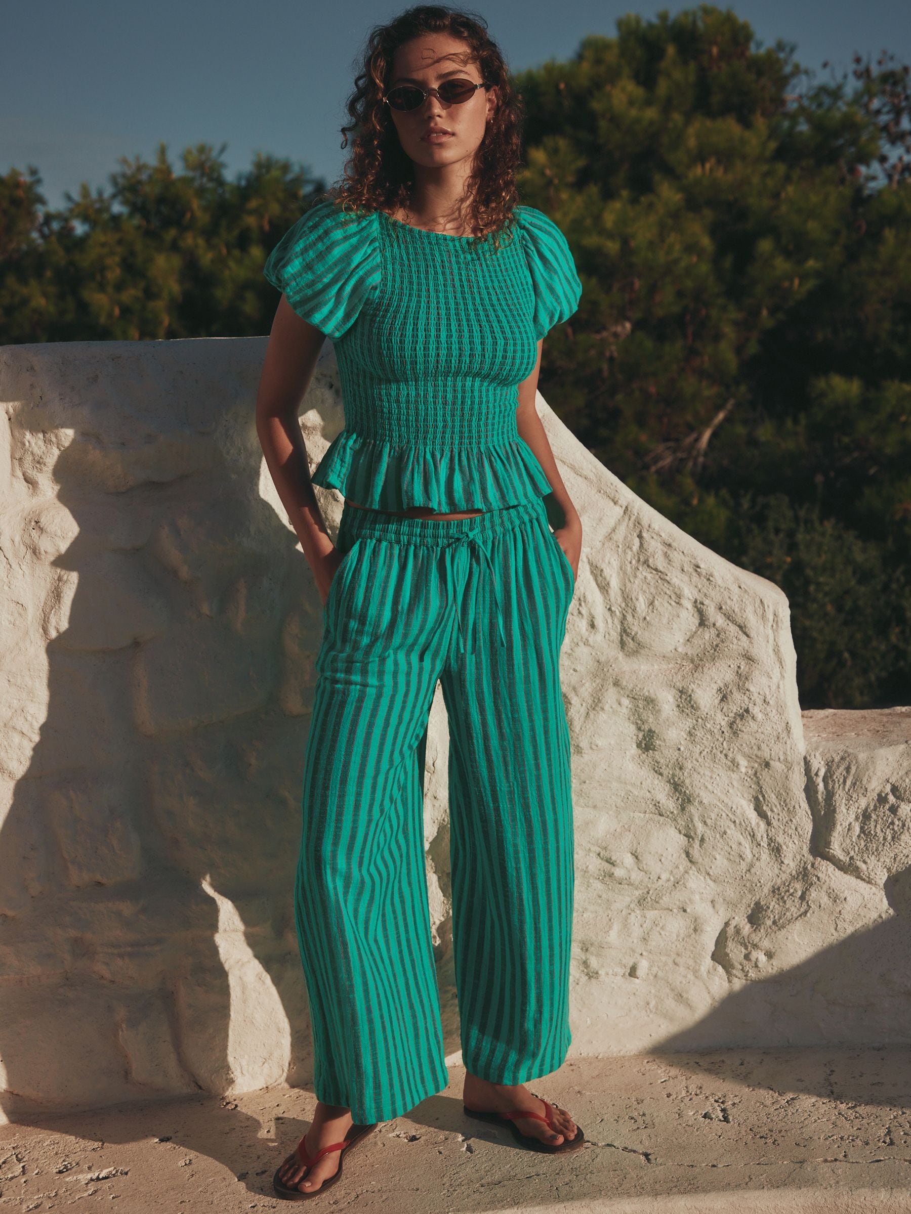 Buy Green Stripe Wide Leg Pull On Trousers from Next USA