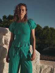 Teal Blue Stripe Puff Sleeve Top - Image 1 of 8