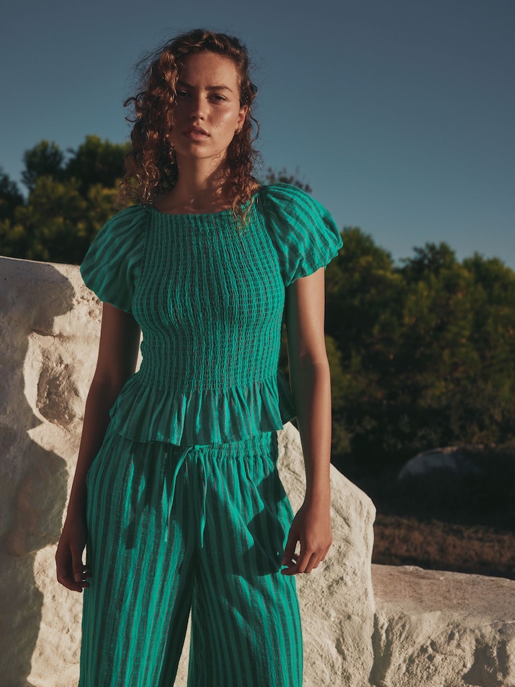 Teal Blue Stripe Puff Sleeve Top - Image 1 of 8