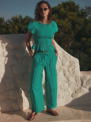 Teal Blue Stripe Puff Sleeve Top - Image 2 of 8
