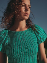 Teal Blue Stripe Puff Sleeve Top - Image 5 of 8