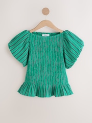 Teal Blue Stripe Puff Sleeve Top - Image 6 of 8
