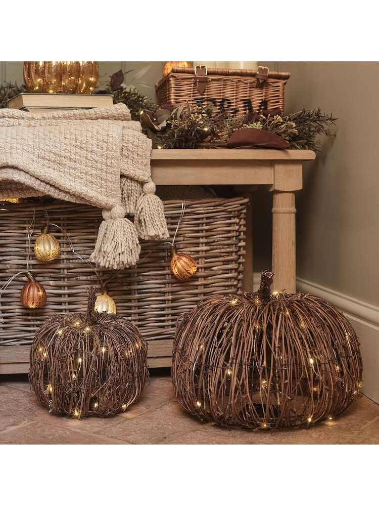 Lights4fun Set of 2 Brown Rattan Light Up Pumpkins - Image 1 of 4