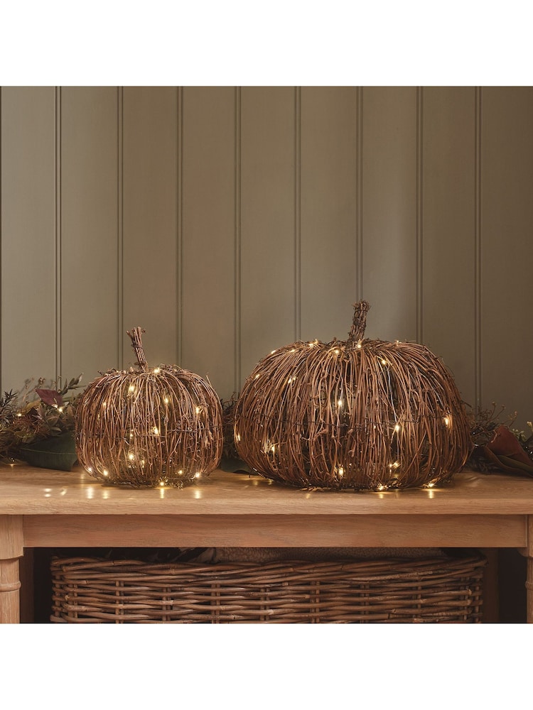 Lights4fun Set of 2 Brown Rattan Light Up Pumpkins - Image 2 of 4