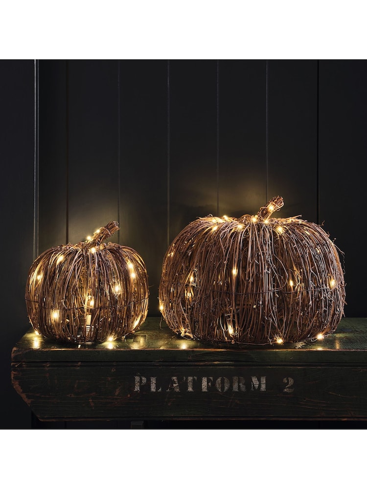 Lights4fun Set of 2 Brown Rattan Light Up Pumpkins - Image 4 of 4