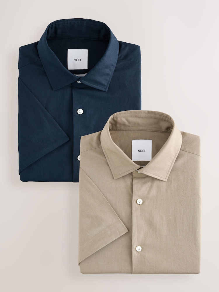 Navy/ Neutral Brown Regular Fit Cotton Linen Blend Short Sleeve Smart Shirts 2 Pack - Image 1 of 12