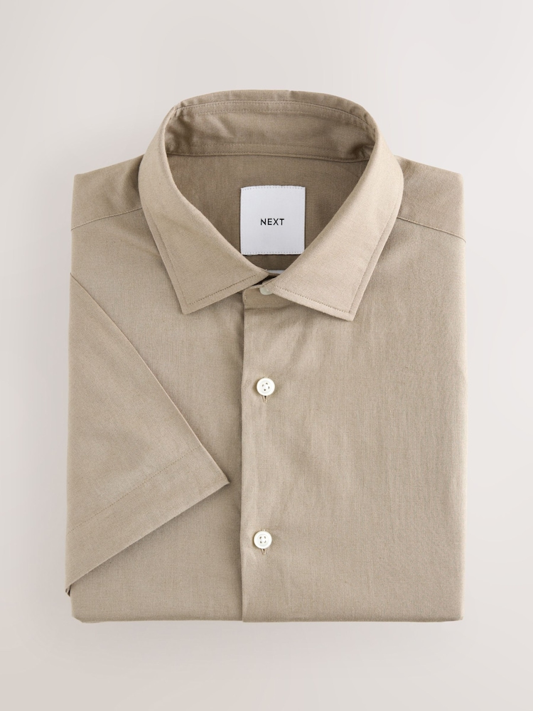 Navy/ Neutral Brown Regular Fit Cotton Linen Blend Short Sleeve Smart Shirts 2 Pack - Image 2 of 12