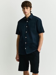 Navy/ Neutral Brown Regular Fit Cotton Linen Blend Short Sleeve Smart Shirts 2 Pack - Image 9 of 12