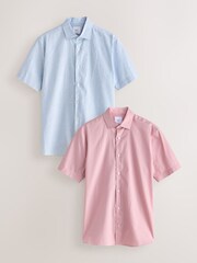 Pink/ Blue Stripe Regular Fit Cotton Linen Blend Short Sleeve Smart Shirts 2 Pack - Image 1 of 10