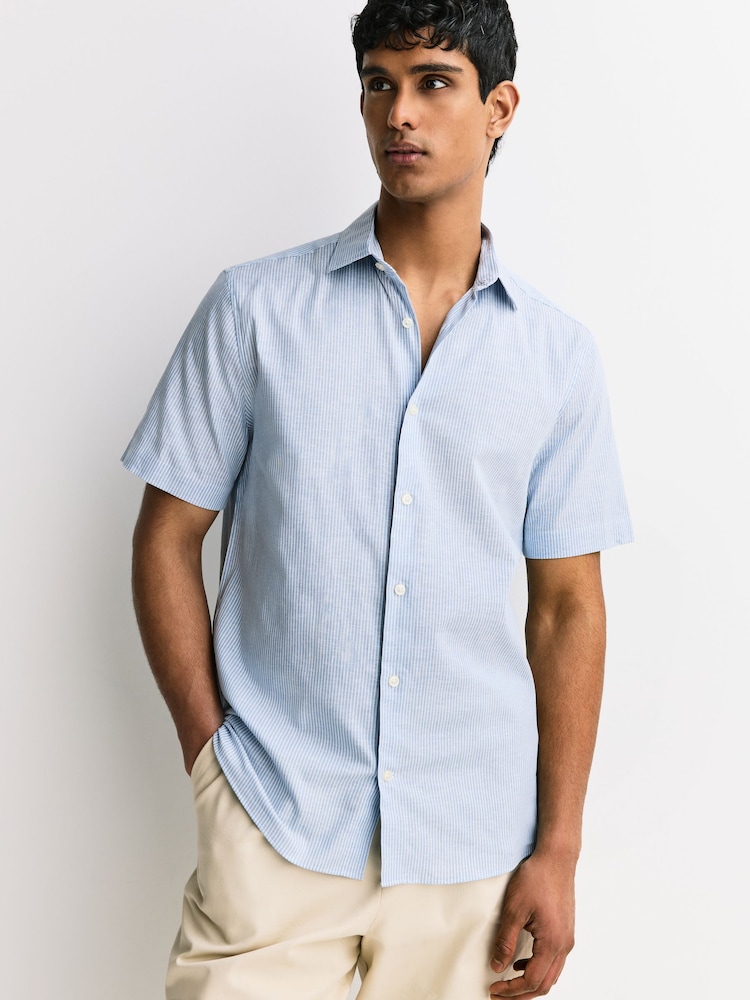 Pink/ Blue Stripe Regular Fit Cotton Linen Blend Short Sleeve Smart Shirts 2 Pack - Image 10 of 10