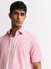Pink/ Blue Stripe Regular Fit Cotton Linen Blend Short Sleeve Smart Shirts 2 Pack - Image 8 of 10