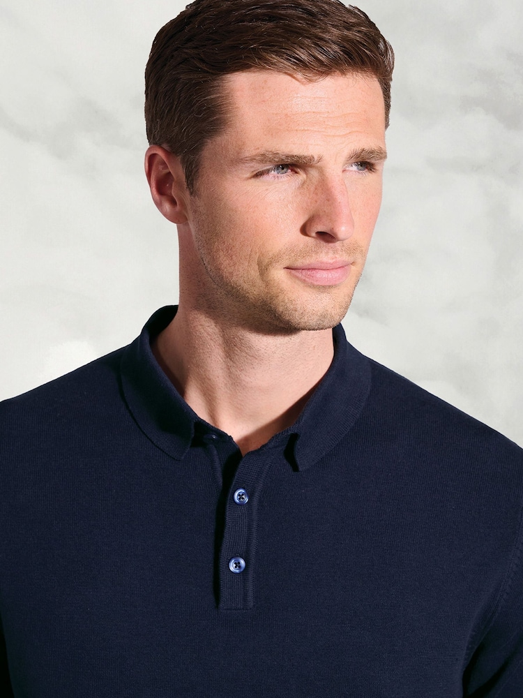 Brook Taverner Blue Cotton Merino Long Sleeve Polo Shirt - Image 2 of 3 Brook Taverner Blue Cotton Merino Long Sleeve Polo Shirt - Image 2 of 3
